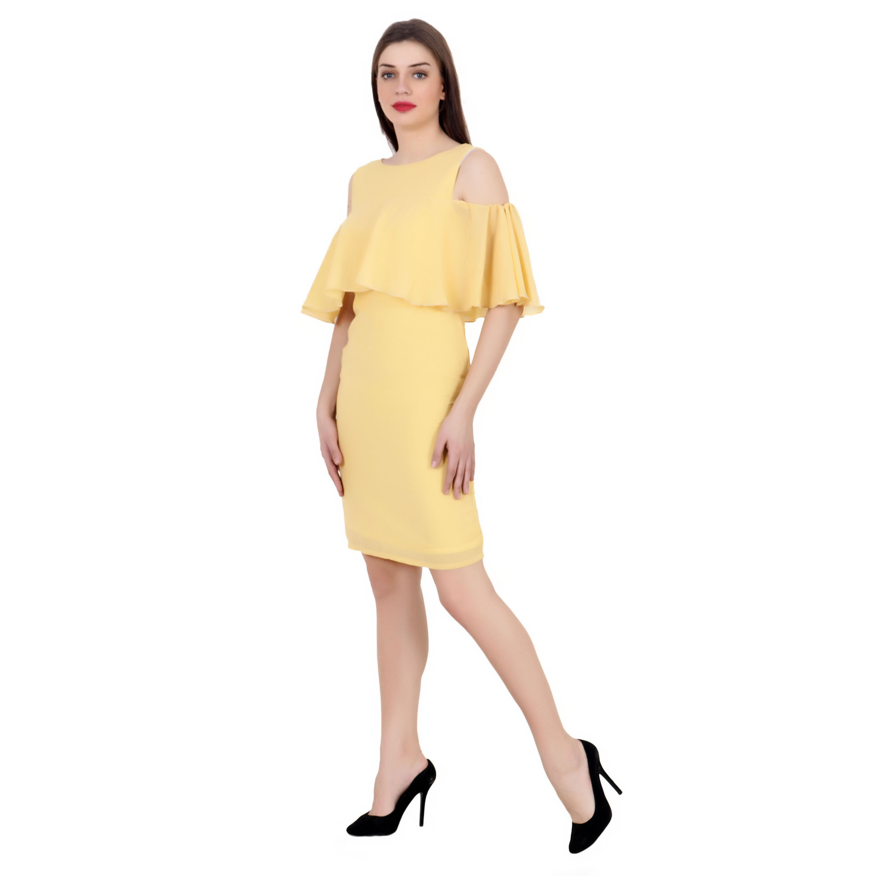 YELLOW MIDI RUFFLE CAPE DRESS